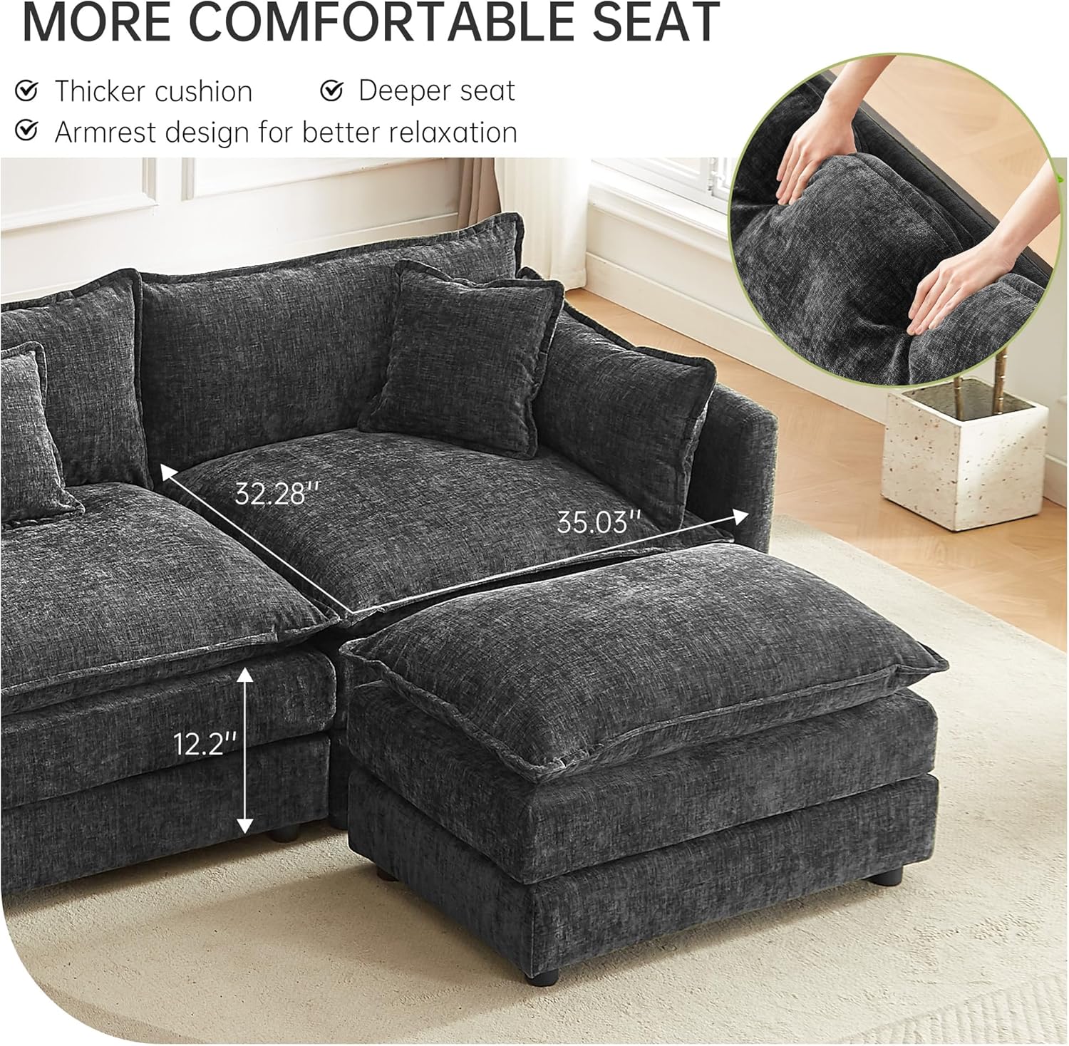 Modular Sectional Sofa 112.2 Inch L Shaped Couch Set with Armrests, 3-Seater Comfortable Cloud Couches with Movable Ottoman for Living Room Apartment, Grey