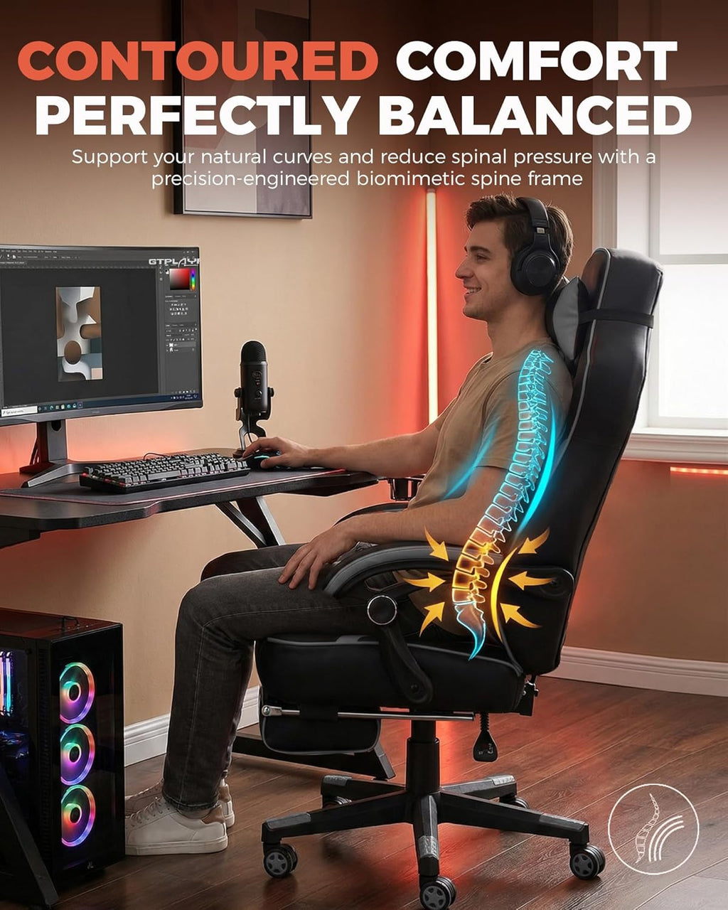 GTPLAYER Gaming Chair for Adults, Big and Tall 350LBS Heavy Duty Office Chair, Ergonomic High Back Lumbar Support and Recliner for Back Pain Relief, Sky Gray