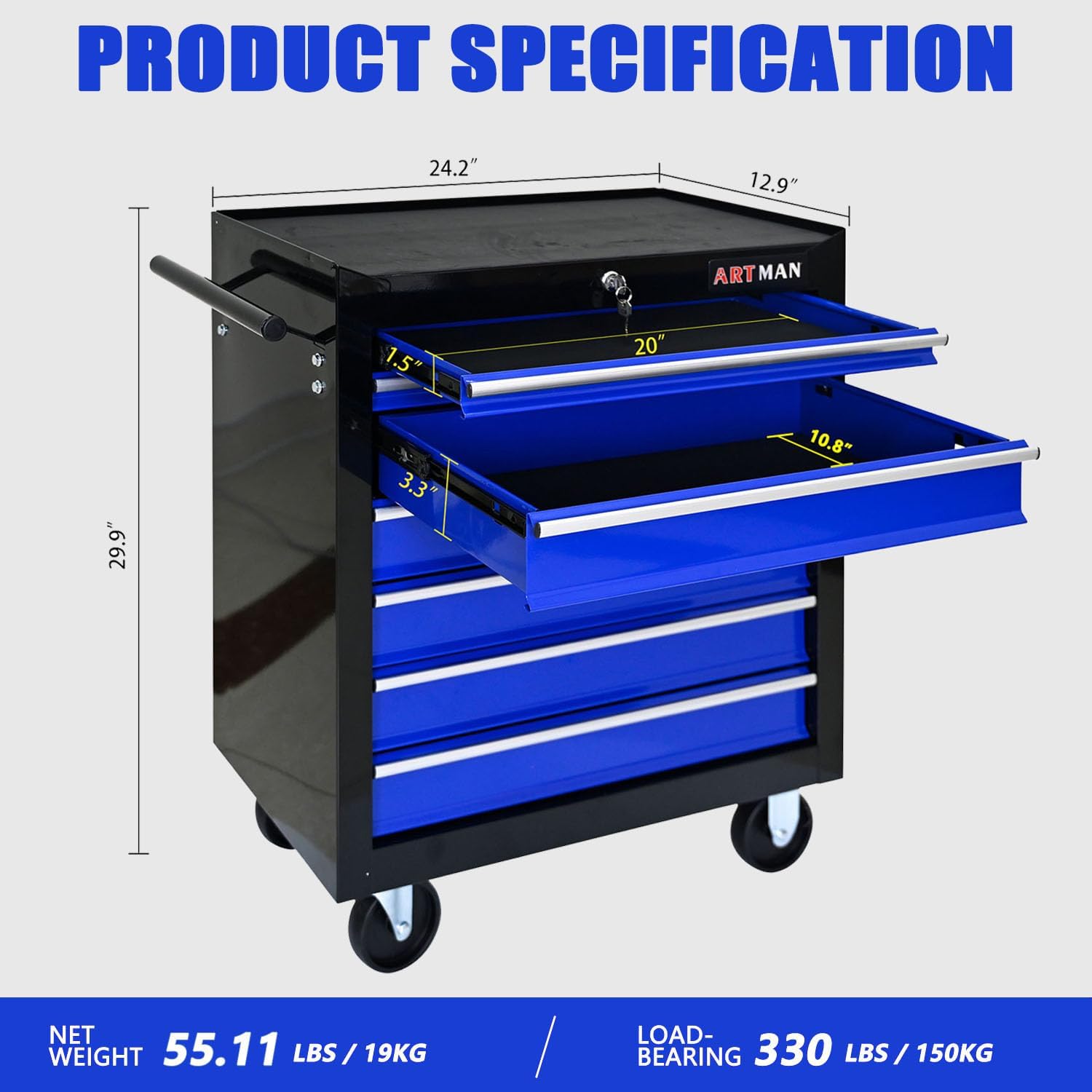 7-Drawer Tool Cart on Wheels, Drawers Rolling Tool Chest with Key Lock, Mobile Trolley Organizer Tools Box with Locking Wheels & Ball Bearing Drawers for Garage,Repair Shop (Black&Blue)