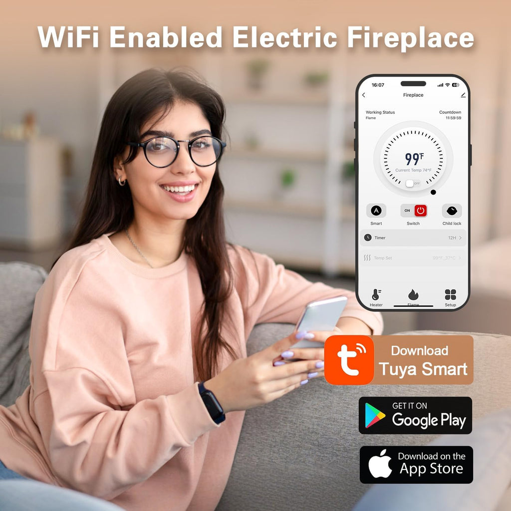 Cheerway 72'' Smart WiFi Electric Fireplace Heater, Wall Mounted & Recessed Electric Fireplace Insert w/Timer, Child Lock, Crackling Sound, App & Remote Control, Adjustable Flame,1500W