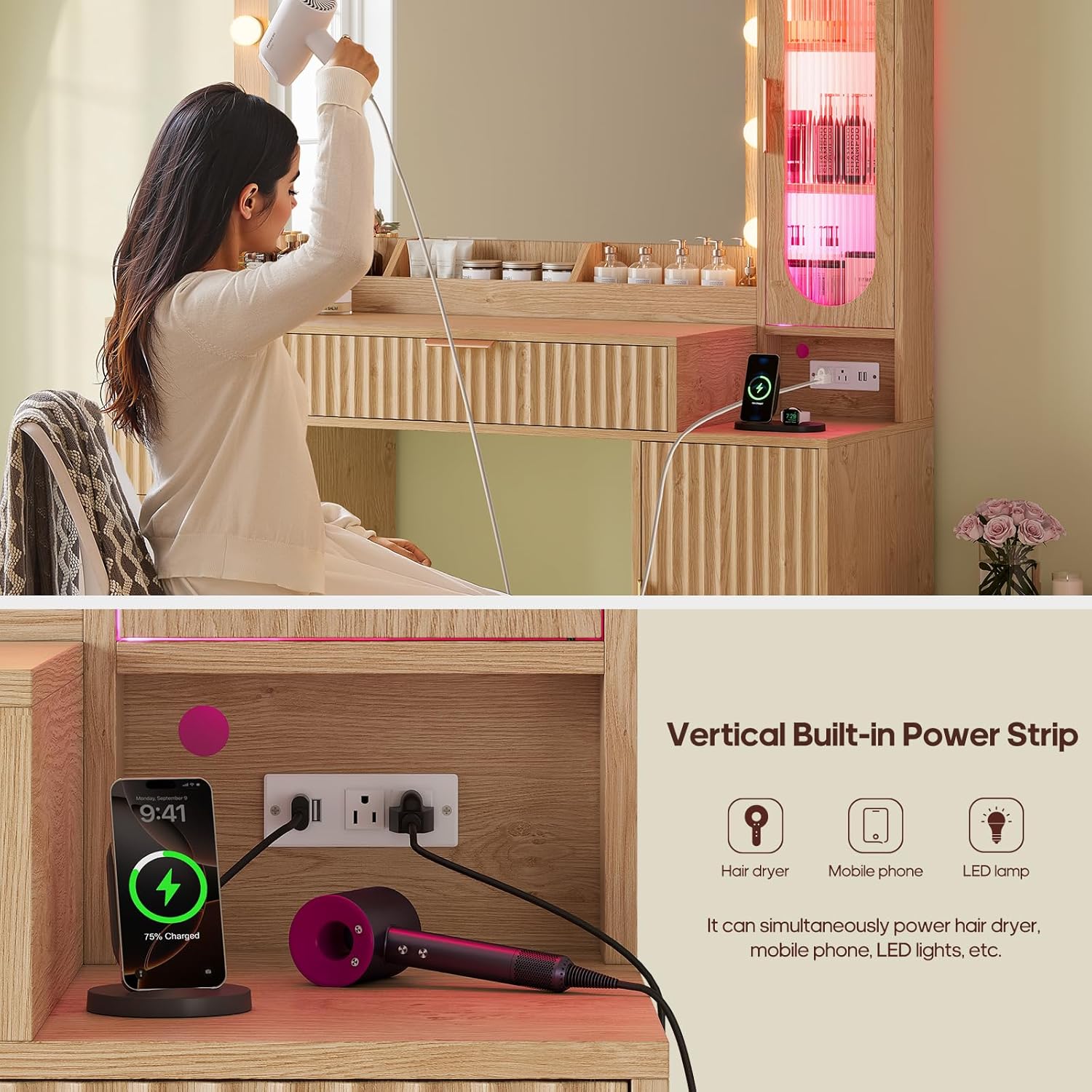 BTHFST Fluted Makeup Vanity Desk with Large 31.5" Mirror and Lights, 46.1" Wood Vanity with Charging Station & RGB Lights, Dressing Table with 6 Drawers & Cabinet & Shelves, Oak
