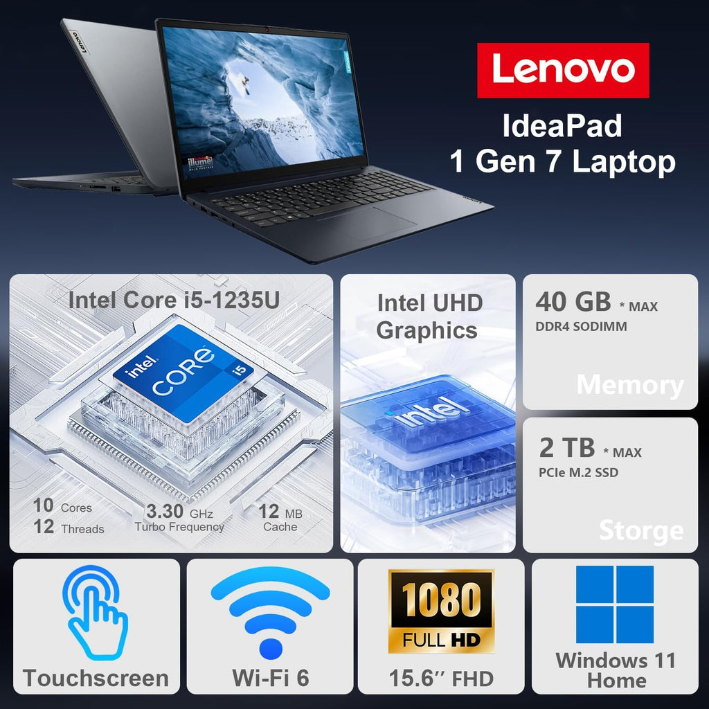 Lenovo IdeaPad 1i Laptop  15.6" FHD Touchscreen  Intel Core i5-1235U Processor  16GB RAM  512GB SSD  Webcam  HDMI  Wi-Fi 6  Windows 11 Home  Blue