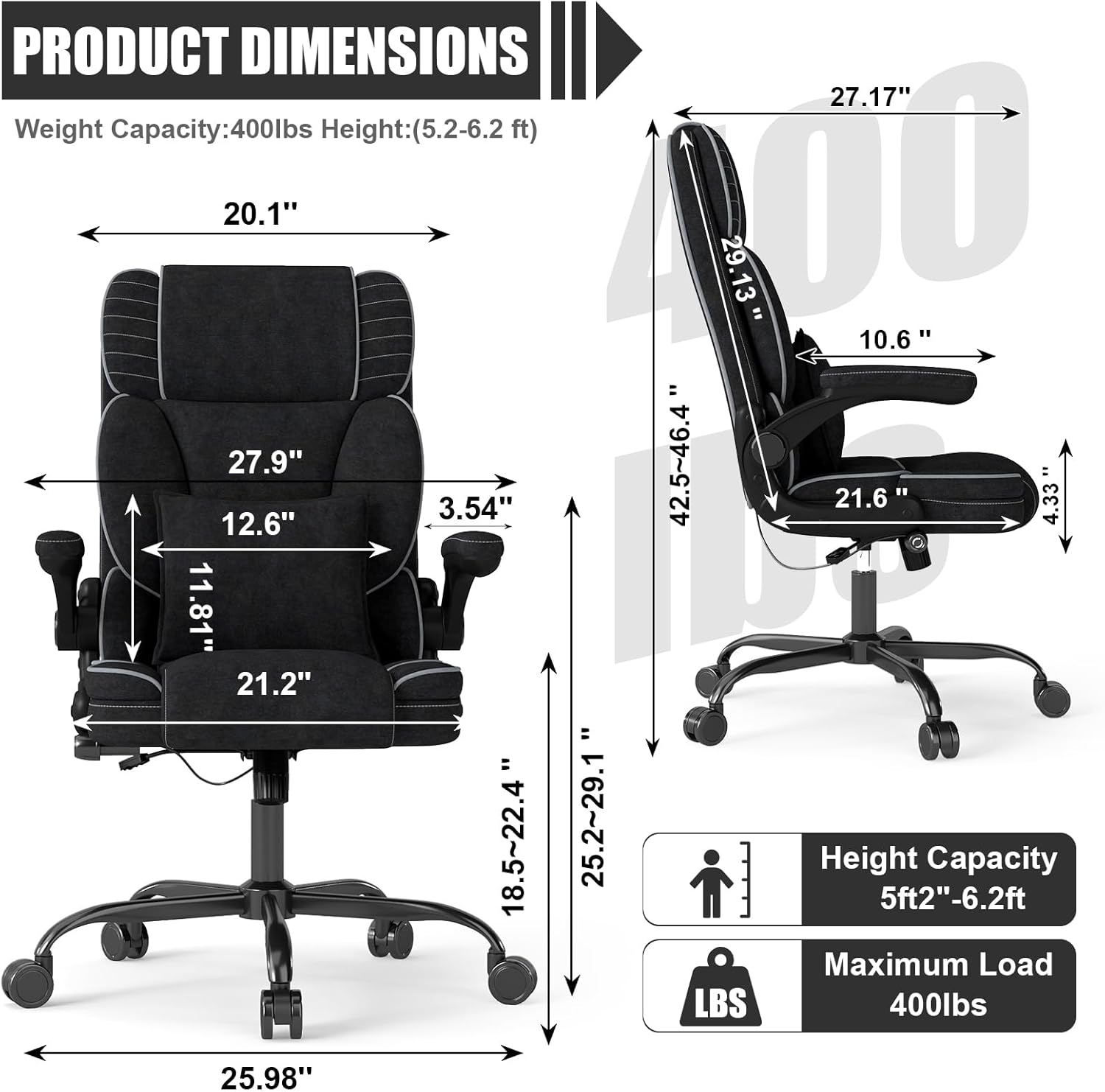 Big and Tall Office Chair with Adjustable Lumbar Support,Breathable Fabric High Back Desk Computer Chair with Adjustable Flip-up Armrests,Ergonomic Swivel PC Chair with Rocking Function