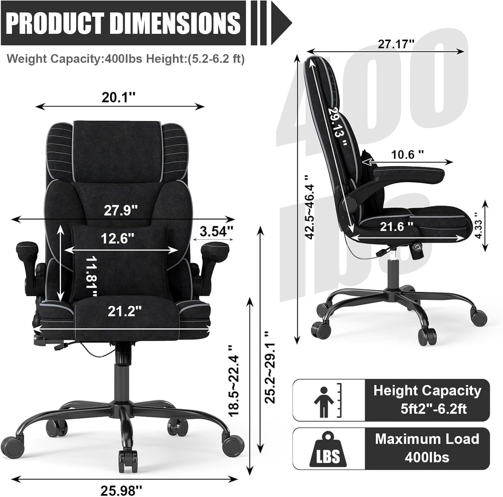 Big and Tall Office Chair with Adjustable Lumbar Support,Breathable Fabric High Back Desk Computer Chair with Adjustable Flip-up Armrests,Ergonomic Swivel PC Chair with Rocking Function