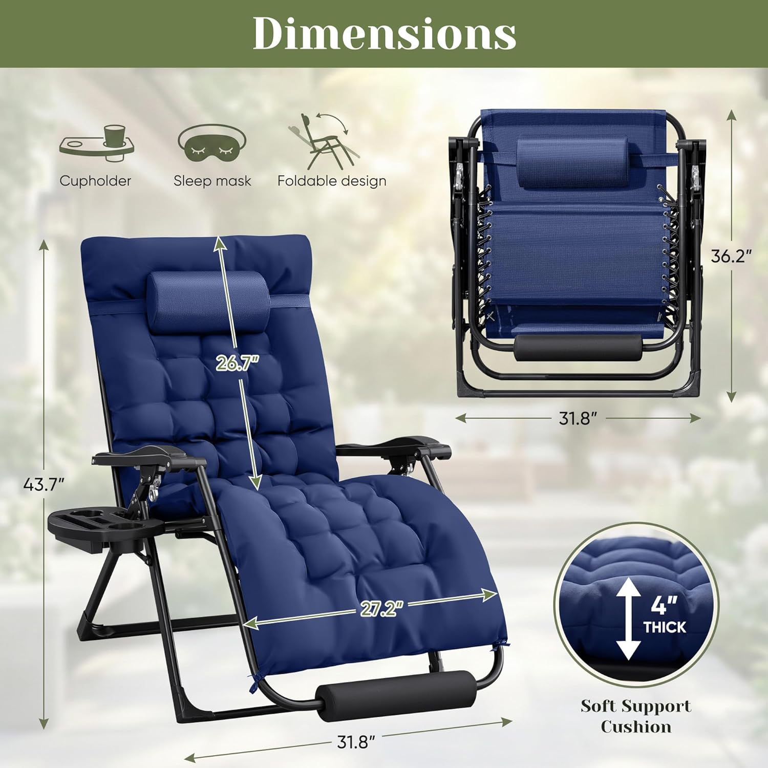 Homall Oversized Zero Gravity Chair, Set of 2 Recliner Lounge Chair with Removable Soft Cushion and Cup Holder, Adjustable Anti Gravity Chair Folding Patio Chairs Padded for Indoor and Outdoor (Blue)