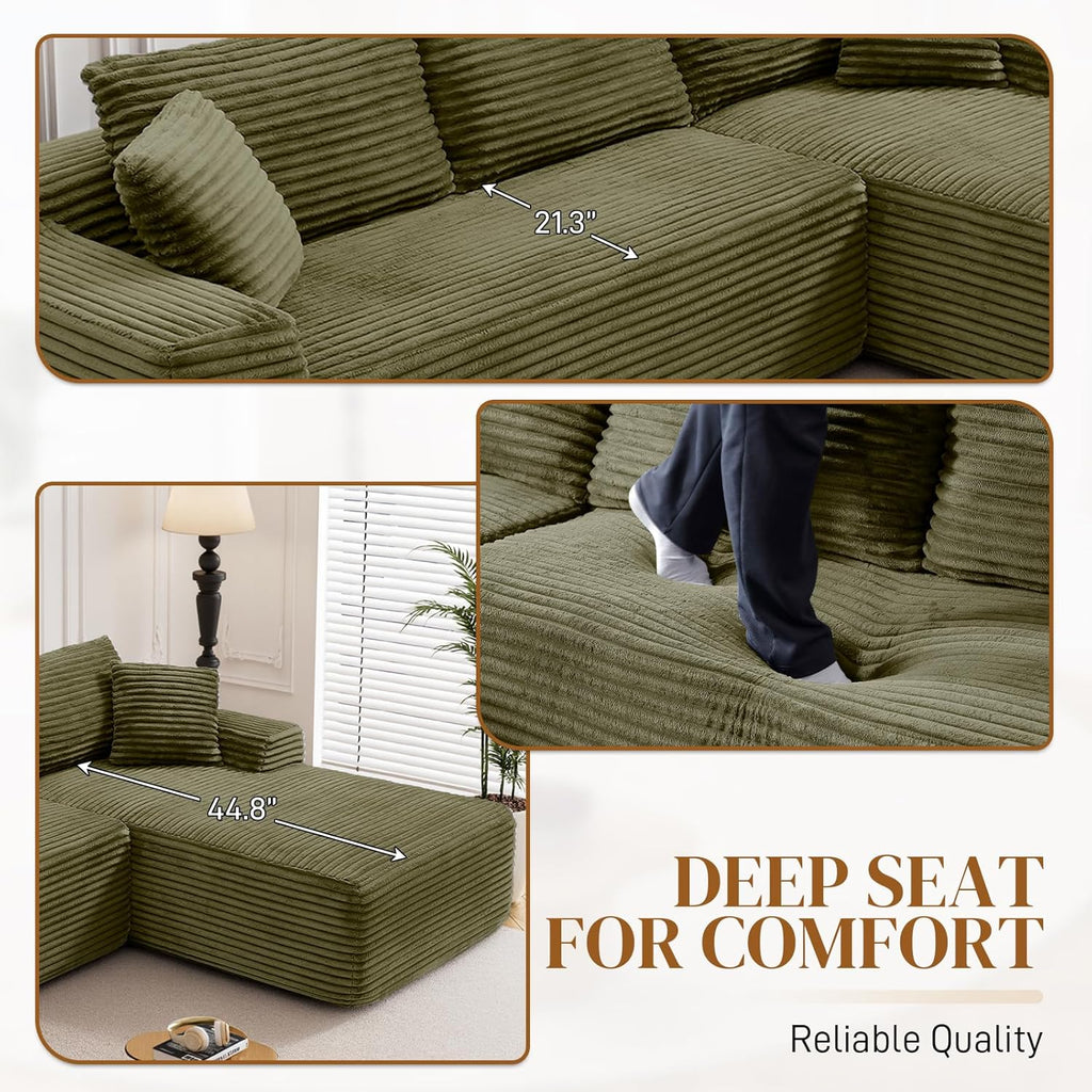 95" Boneless Cloud Sectional Couches for Living Room, Comfy Fluffy L Shaped Memory Foam Deep Seat Boneless Couch, Modular Sectional Sofa with Right Facing Chaise, Olive Green