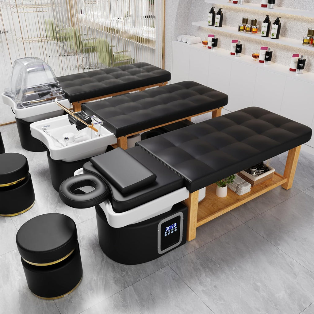 Dolonm Head Spa Shampoo Bowl Stationary Massage Table Set with Water Cycle & Fumigation Salon Equipment for Beauty Head Spa Physical Therapy Massage Salons, PU Leather Black, Wood Frame