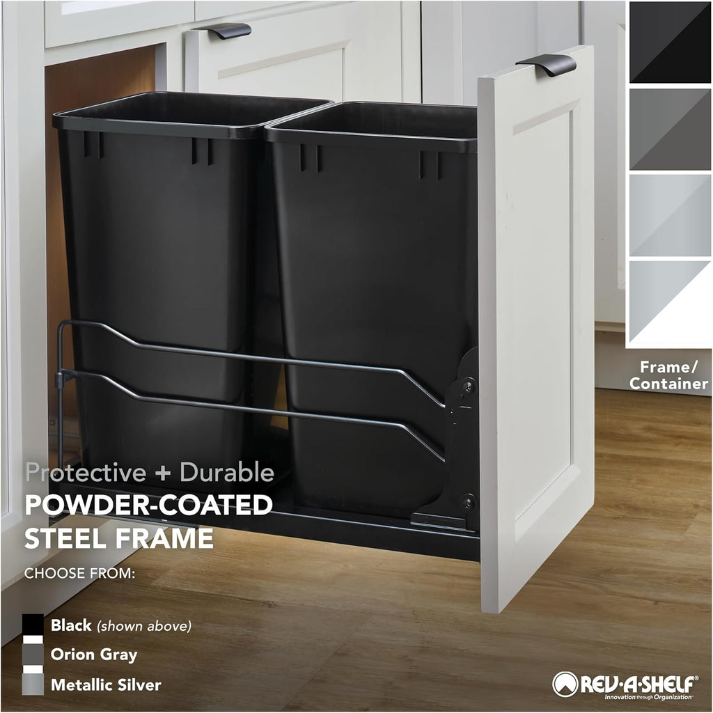 Rev-A-Shelf Steel Double Pullout Waste Container with Soft-Close, 35 Quart, Black - Sliding Garbage Bin System with Dual Trash Can for 18" Home Kitchen Base Cabinet, 53WC-1835SCDM-218