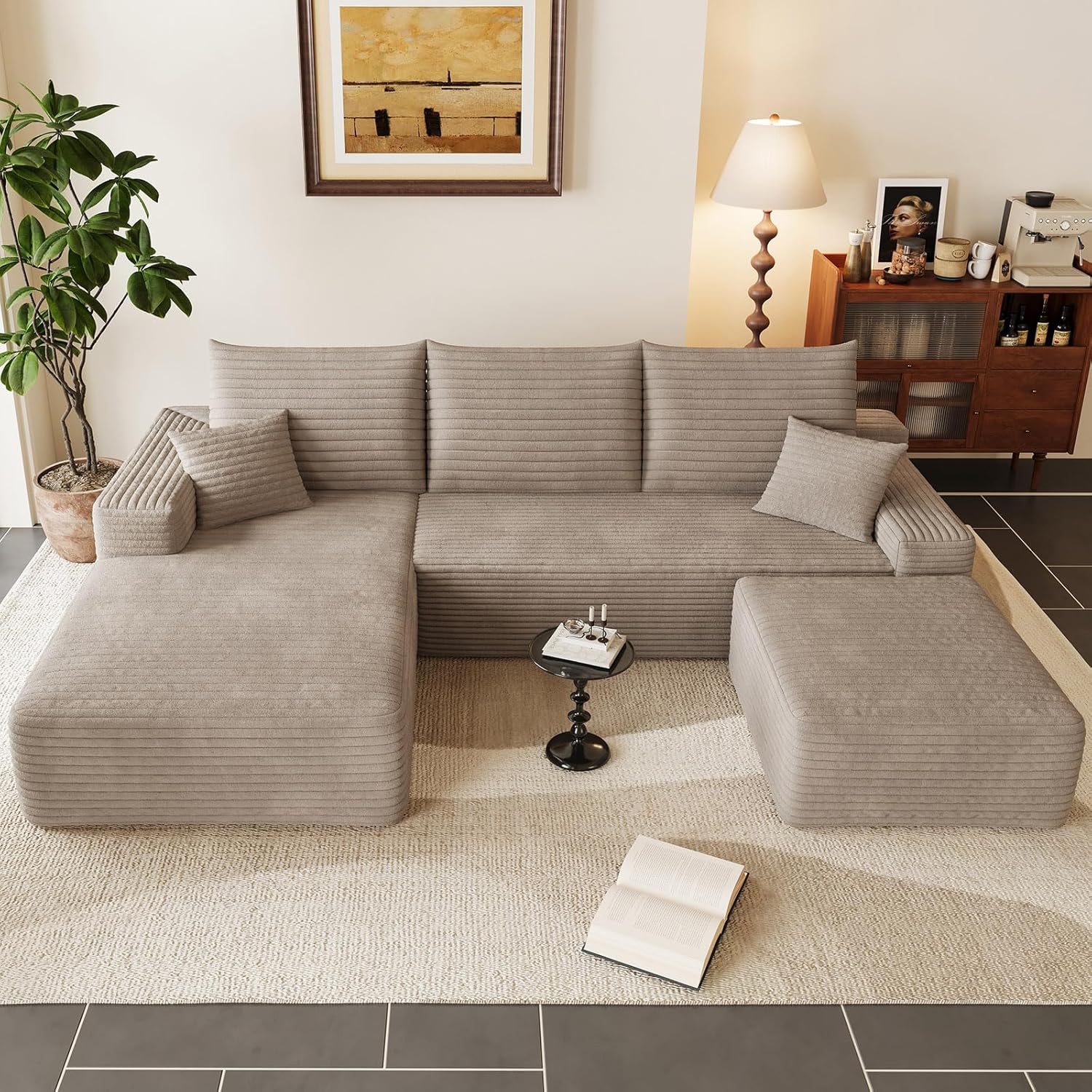 95" Cloud Sectional Couch with Ottoman,Modern U-Shaped Cloud Couch with Deep Seat,Comfy Corduroy 3-Seater Sofa,Memory Foam Sofa for Living Room,No Assembly (Camel,Left-Facing Chaise)