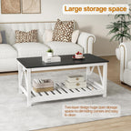 Farmhouse Coffee Table, Black and White Coffee Table for Living Room, 2-Tier Rectangular Wooden Centre Cocktail Table with Slats Shelf Storage and V-Shaped Frame Modern Coffee Tables Oak Black