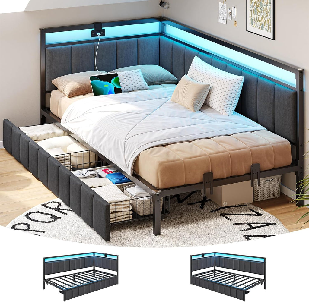 DICTAC Twin Corner Bed Frame with 2 Storage Drawers and Charging Station Twin Bed Frames with Storage and Led Lights Twin Size Daybed for Kids Teen with Upholstered Guardrail,No Box Spring Needed,Gray