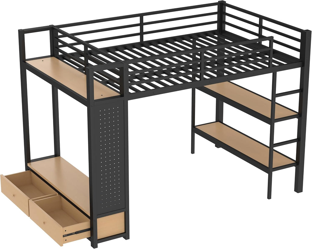 Bellemave Full Size Metal Loft Bed Frame with Wardrobe and Storage Shelves, Loft Bed with Pegboard and Drawers, Space-Saving Loft Bed Frame with Full-Length Guardrails, Black