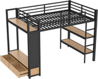 Bellemave Full Size Metal Loft Bed Frame with Wardrobe and Storage Shelves, Loft Bed with Pegboard and Drawers, Space-Saving Loft Bed Frame with Full-Length Guardrails, Black