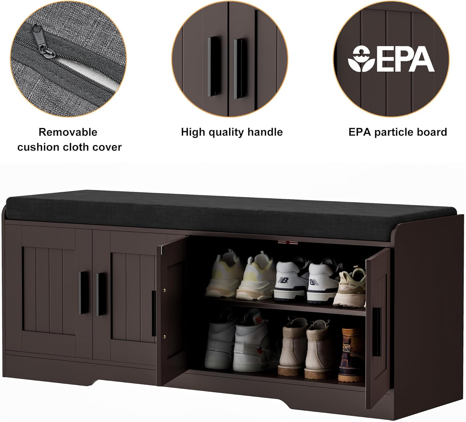 Homleke 2-Tier Storage Bench, Shoe Bench with Thickened Padded Seat Cushion, Entryway Bench with 4 Doors, Adjustable Shelf, 13.8" D x 45.3" W x 18.5" H, for Entryway, Living Room, Bedroom, Brown