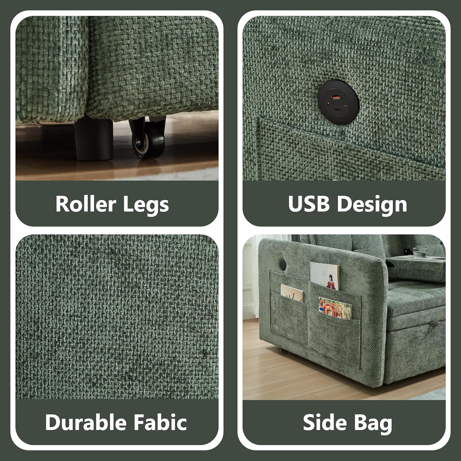 57.48" Convertible Sofa Bed with Cup Holder, Pull Out Sleeper Sofa Bed with USB Charging Ports, 3 in 1 Convertible Sleeper Sofa Bed for Living Room, Apartment, Bedroom, RV, Green