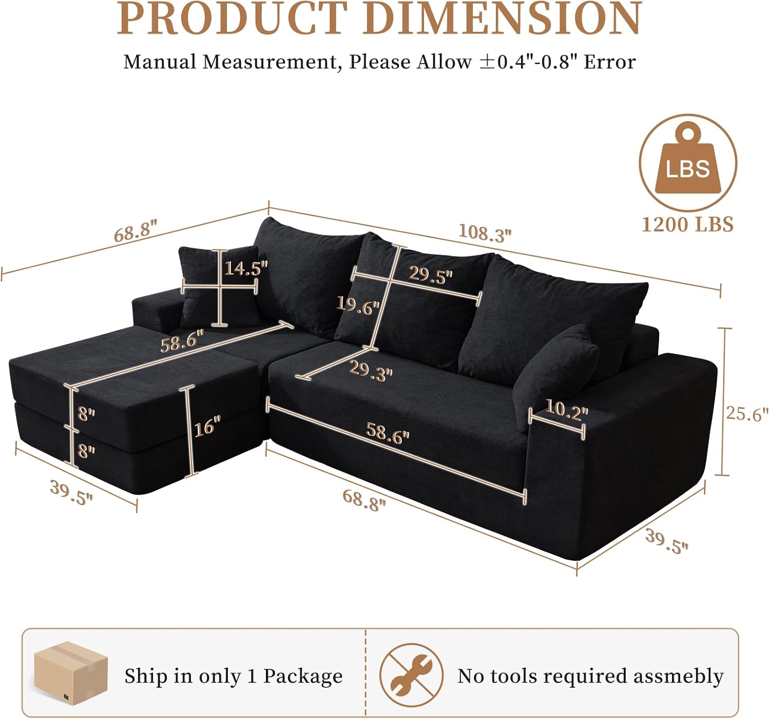 108'' Modular Sectional Couch, Modern 3-Seater Boneless Cloud Sleeper Sofa, L-Shaped Convertible Sectional with Non-Slip Bottom, No Assembly Required, Black