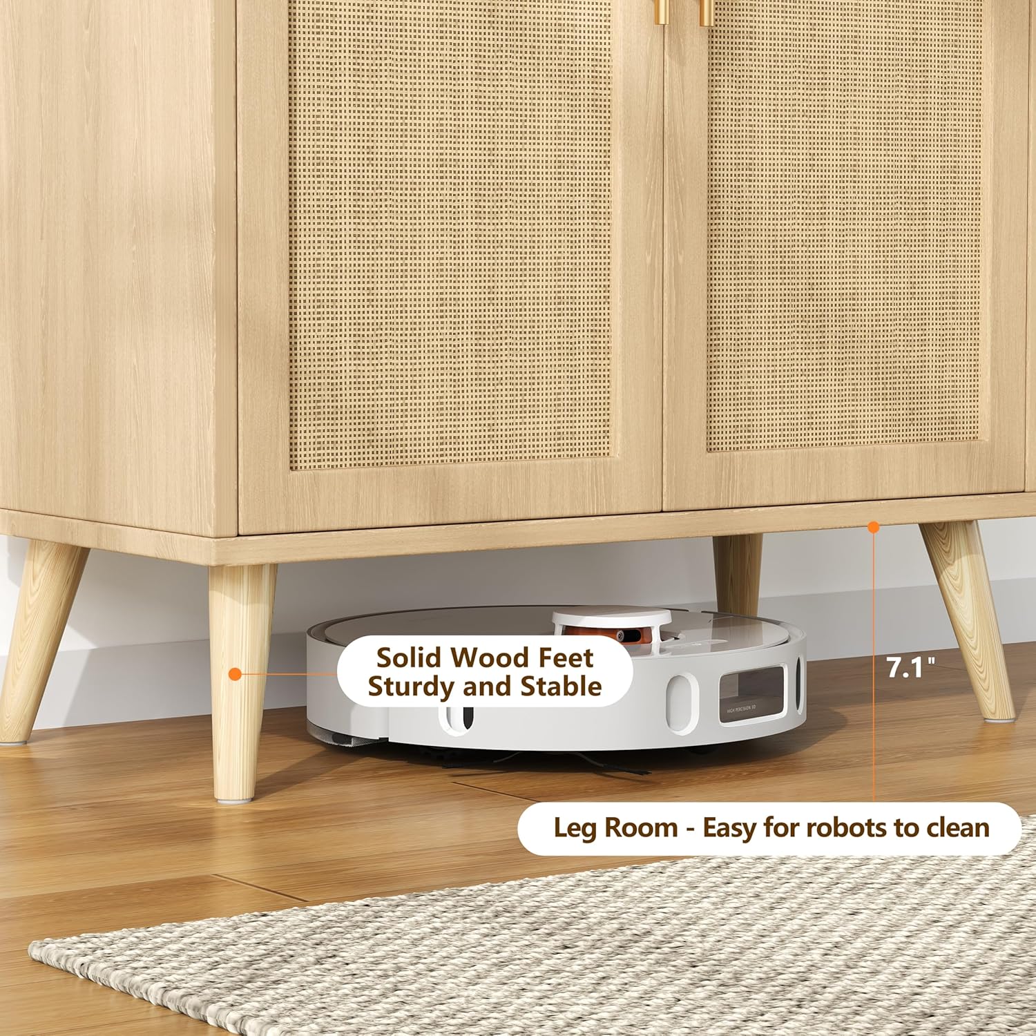Keehusux Rattan Buffet Cabinet with Storage, Boho Buffet Table with Adjustable Shelf and Solid Wood Legs, Accent Sideboard with Doors, Floor Cabinet for Kitchen, Dining Room and Living Room, Natural