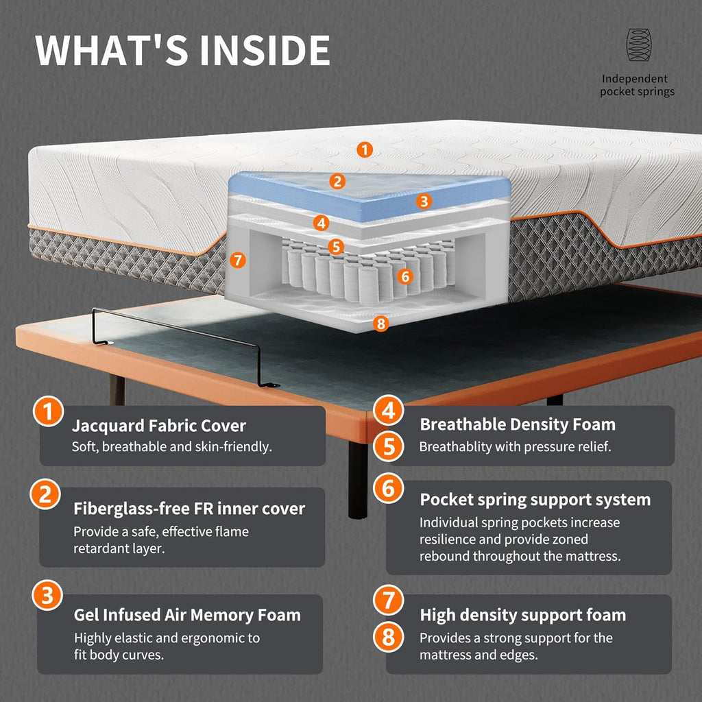 Split King Adjustable Bed Frame + 14” Hybrid Matt, Bed Base with Massage, Pillow-tilt, Smart APP Control, Ergonomic Incline, Zero Gravity, Dual USB Port, Under Bed Light, Wireless Remote, 5000 Series