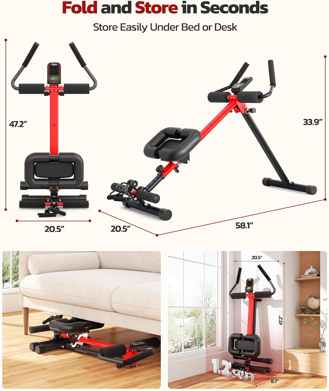 Yoleo Multi-Functional Ab Machine, Foldable Ab Workout Equipment, Ab Trainer Machine for Stomach Workout, Ab Crunch & Rowing Machine with Foam Support,7-Length Adjustable Ab Machine for Home Exercise