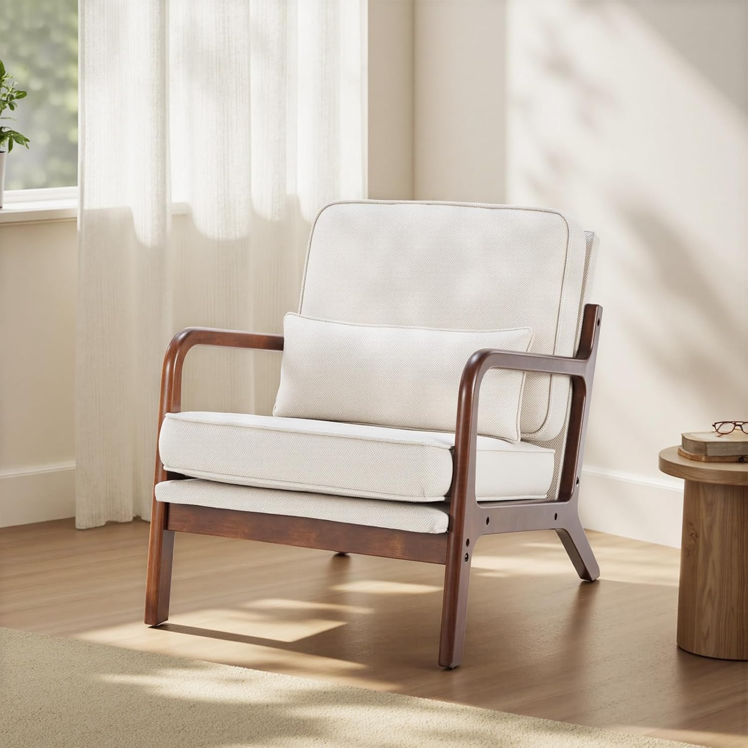 DUMOS Mid Century Modern Chair, Accent Chair with Arms and Waist Cushion, Reading Chairs for Adults, Lounge Chair for Living Room and Bedroom, Solid Wooden Frame, Cream