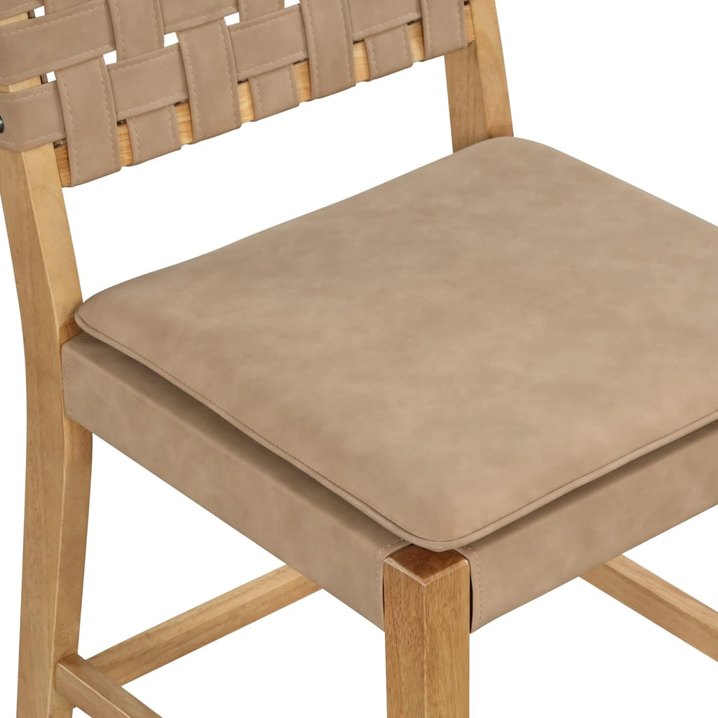 Nathan James Cohen Mid-Century Modern Leather Bar Stool, Counter Height Chair in Solid Wood Frame with Footrest and Woven Leather Back for Kitchen, Natural Brown, 1 count, Barstool - 24"