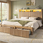 CypBed King Size Bed Frame with 2 Storage Drawers, Charging Port & LED Light, Wood King Bed Frame and 2-Tier Headboard,Farmhouse Wavy Design, Metal Platform, Noise-Free, No Box Spring Needed, Wood