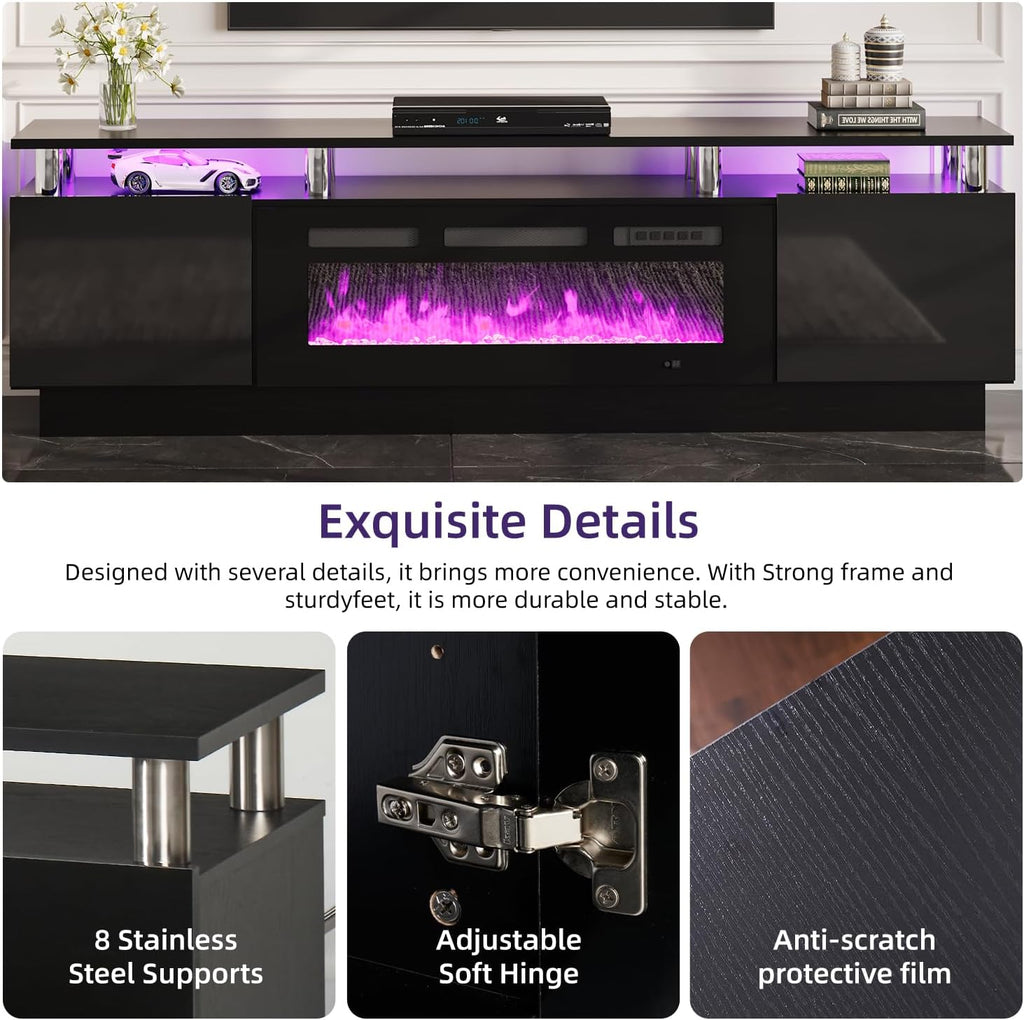 oneinmil 2 Tier TV Console Stand with 36" Electric Fireplace, LED Light Entertainment Center for TVs Up to 80" for The Living Room, 70", Black