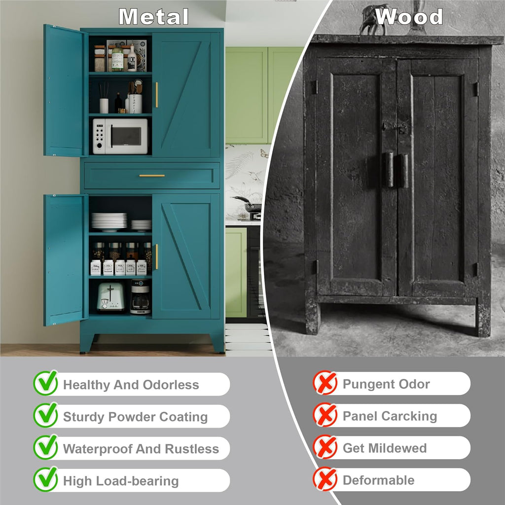 QINPTWUT 71" Farmhouse Pantry Cabinet in Blue, with 4 Doors & Center Drawer, Tall Food Cabinet with Adjustable Shelves, Freestanding Steel Cupboard for Kitchen, Dining Room, Pantry, Garage