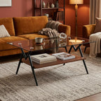 Casaphoria Rectangle Coffee Table for Living Room, Industrial 2-Tier Center Table with Gray Tempered Glass Top & Brown MDF Storage Shelf, Metal Legs, 220 lbs Weight Capacity (38.6")