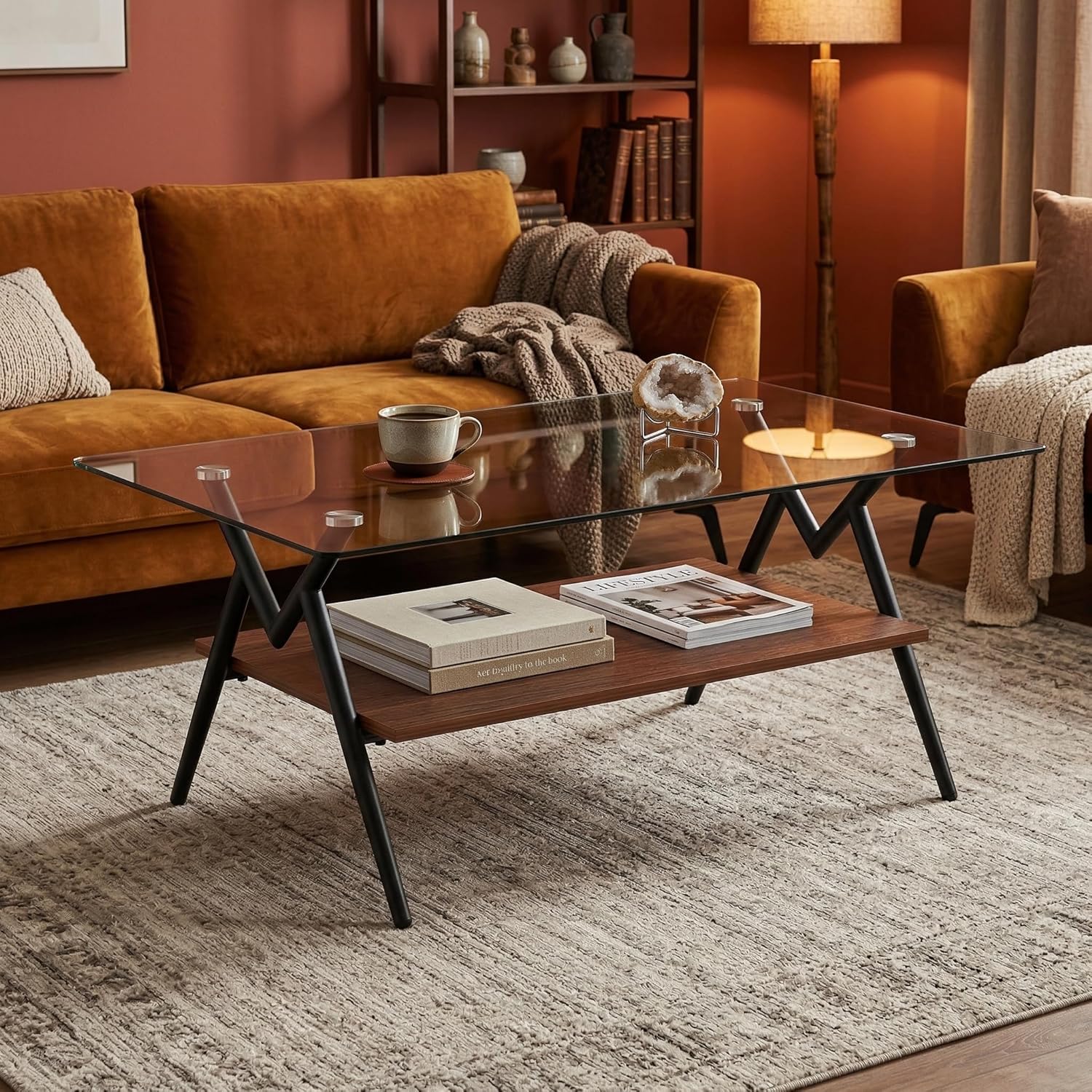 Casaphoria Rectangle Coffee Table for Living Room, Industrial 2-Tier Center Table with Gray Tempered Glass Top & Brown MDF Storage Shelf, Metal Legs, 220 lbs Weight Capacity (38.6")