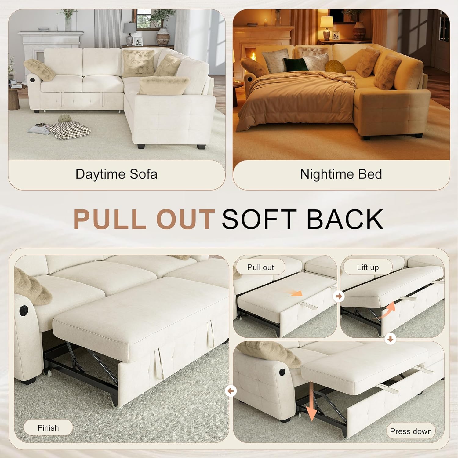 Hanherry Sectional Couch with Pull Out Sofa Bed,Chenille Sleeper Sofa with 2 Seat Storage & USB Charging,Comfy L Shaped Modular Couches for Living Room,Apartment