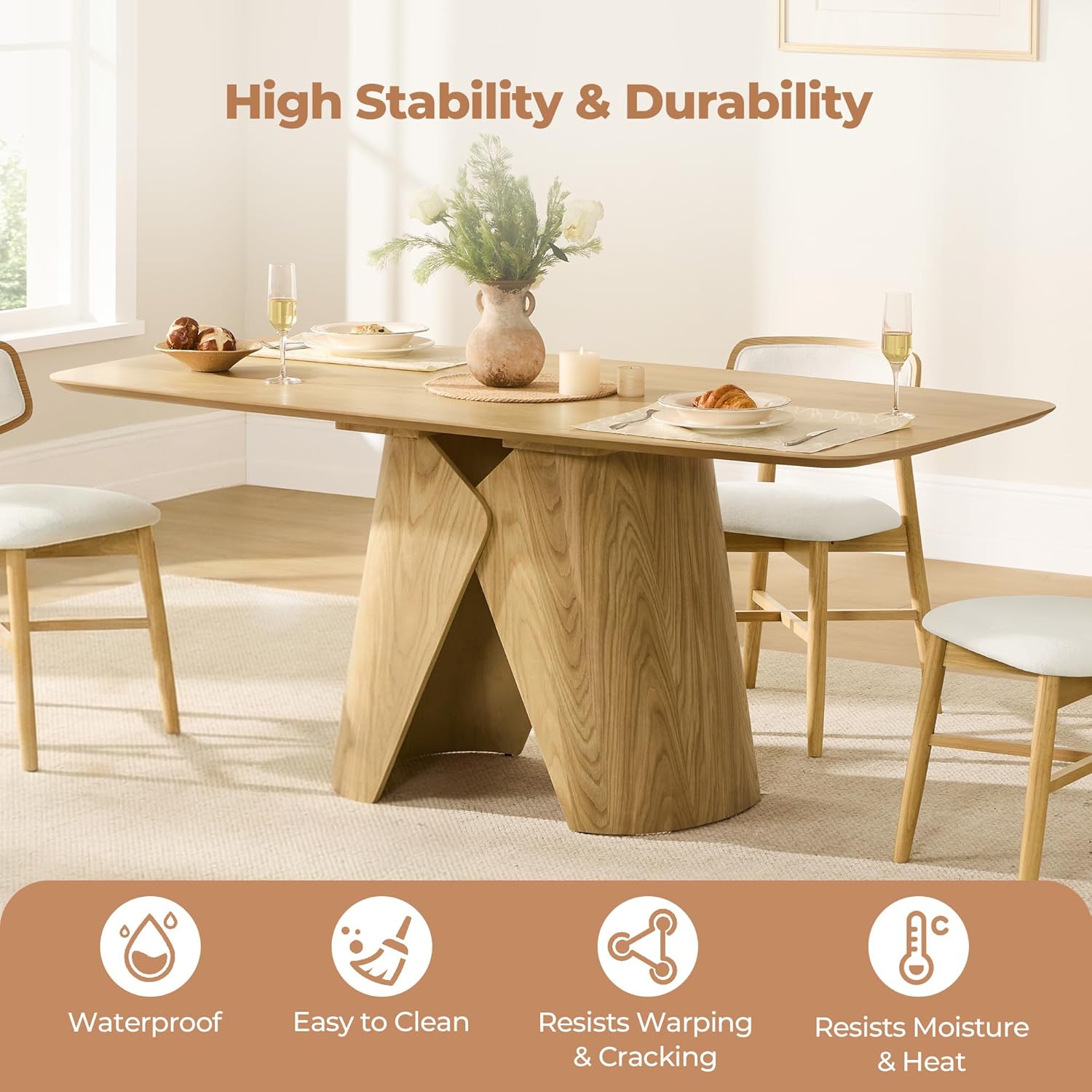 CHITA 71" Modern Dining Table for 6-8, Rectangle Dining Table with Bentwood Legs, Wood Dinner Table for Kitchen & Dining Room, Oak Venner