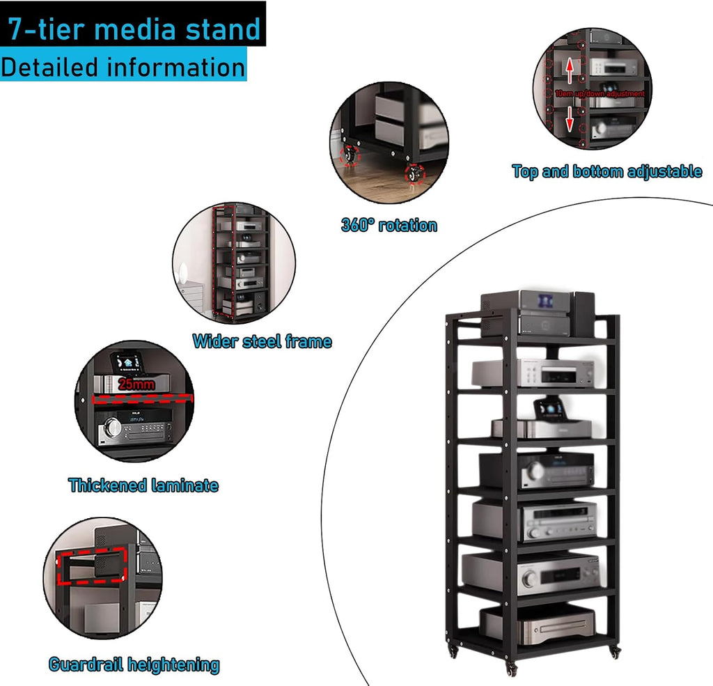 7 Tier Audio Rack Tower  CD Record Player Stereo Receiver AV Equipment Cabinet Display Rack  Weight Capacity 661 lbs  with Adjustable Wooden Shelves for Home (7 Tier Black)