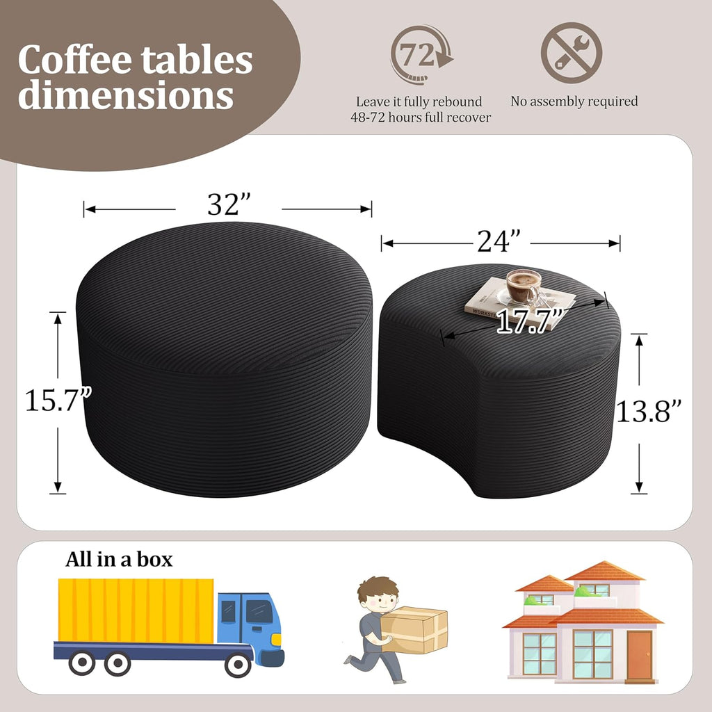 BSHOMGI Nesting Coffee Table Set of 2, Upholstered Round Corduroy Circle Foam Round Side Table for Living Room, Entryway Set, 32"+17" Footrest No Assembly (Black, 32"+17")