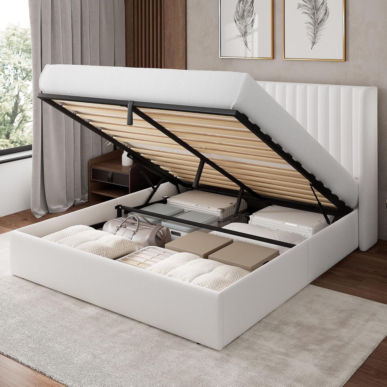 Feonase Queen Size Lift Up Storage Bed Frame, Velvet Upholstered Platform Bed Frame with Wingback Headboard, Hydraulic Storage, No Box Spring Needed, White