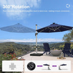 PURPLE LEAF 10ft Patio Umbrella with Lights Outdoor Round Cantilever Solar Powered LED Umbrella with 360-degree Rotation for Garden Deck Pool Patio, Navy Blue