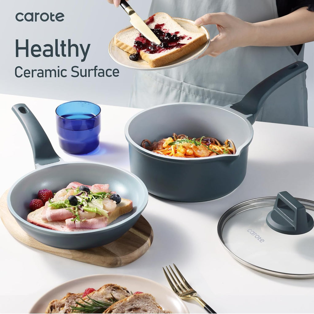 CAROTE 14 Pcs Ceramic Cookware Set, Pots and Pans Set Non Stick with Ceramic Coating, Induction Kitchen Sets