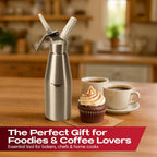 Chef Master (2 Pint / 1 Liter) Aluminum Whipped Cream Dispenser - Decorating Tips for Desserts, Coffee, Latte + Cleaning Brush - Whip Cream Dispenser Canister for Home, Bakery or Restaurant - 90077