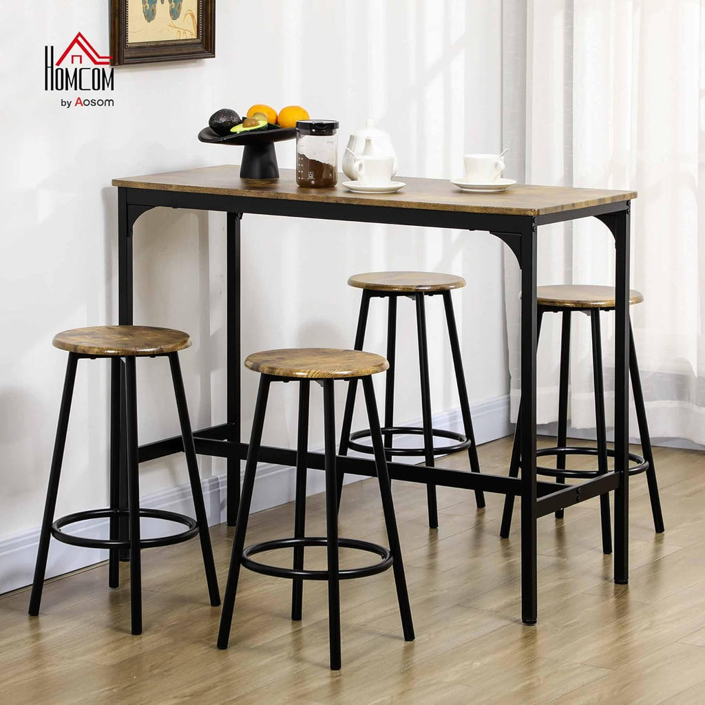 HOMCOM 5-Piece Counter Height Bar Table Set, Rustic 43.25" Dining Table with 4 Bar Stools, Kitchen Table with Wooden Top for Pub, Dining Room, Rustic Brown