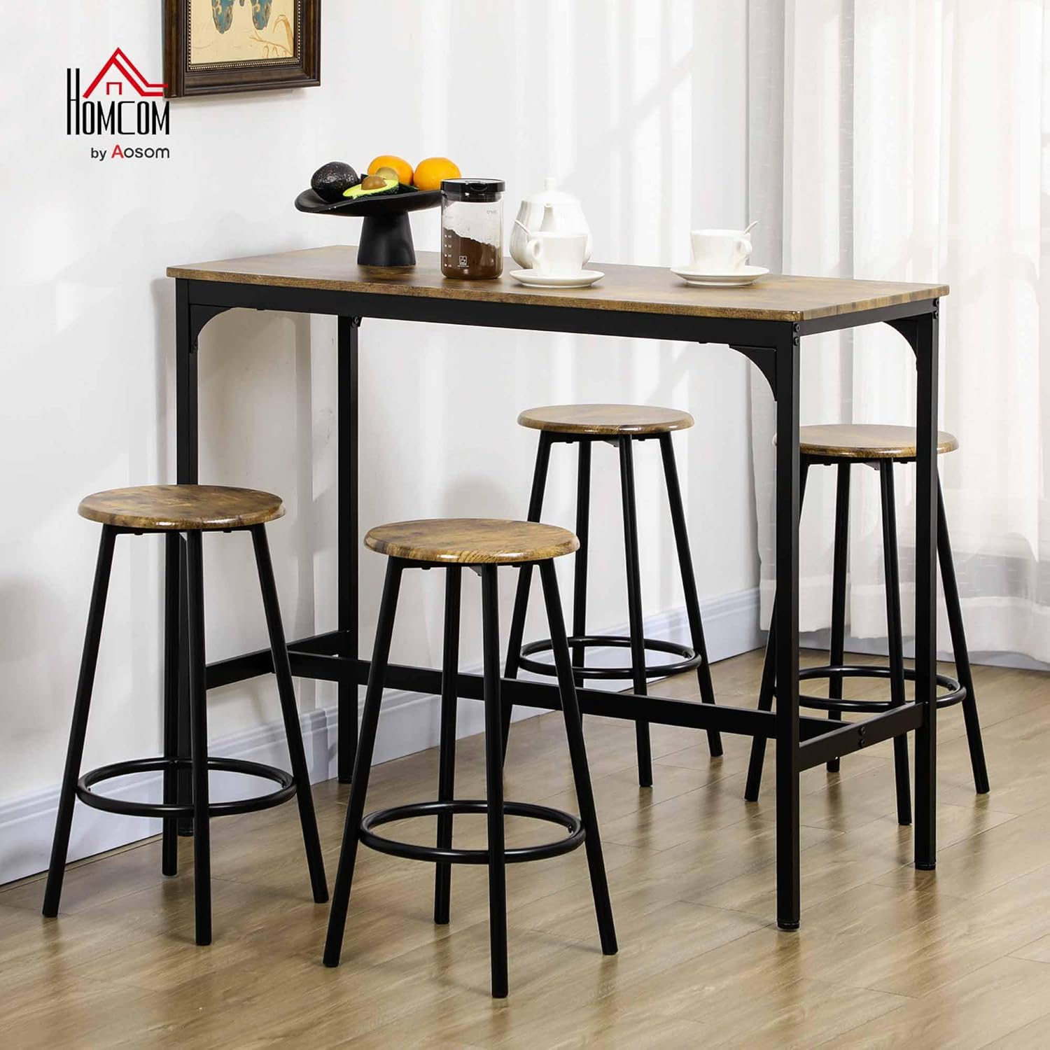 HOMCOM 5-Piece Counter Height Bar Table Set, Rustic 43.25" Dining Table with 4 Bar Stools, Kitchen Table with Wooden Top for Pub, Dining Room, Rustic Brown