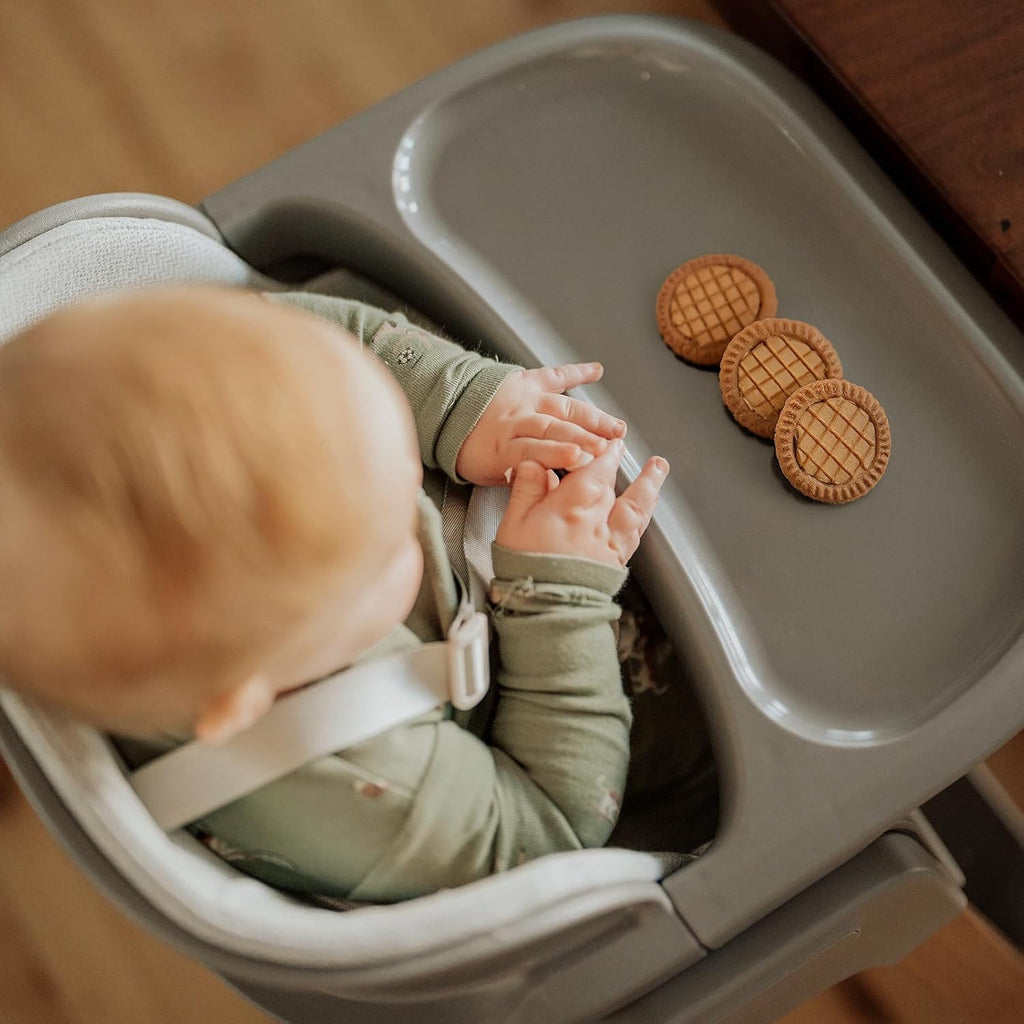 Fodoss Baby High Chair, Light Gray, 4-in-1 Foldable Design, Sturdy Metal Square Tube with Wood Grain, Removable Dishwasher Safe Tray, 5-Point Harness, Waterproof Cushion