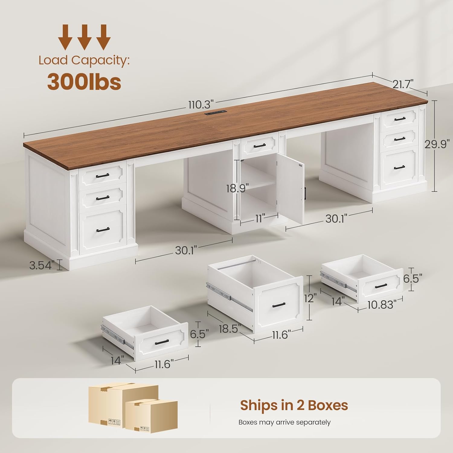 SEDETA Farmhouse 110.3" Two Person Desk with 7 Drawers, Long Computer Desk with Storage Cabinet, 2 Person Desk with Power Outlets for Home Office, White