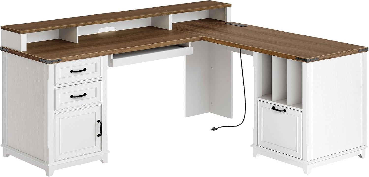 Farmhouse 69" Executive L Shaped Desk with Drawer, Home Office Desk with Charging Station, Corner Computer Desk with Monitor Stand, File Drawer, Storage Cabinet, White and Walnut
