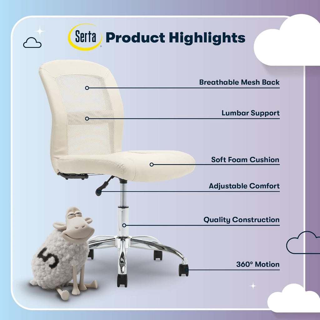 Serta Essential Armless TaskChair, Small Desk Chairs with Wheels, Breathable Mesh Back and Faux Leather, Quality Foam Cushion Seat for Comfort, Minimal Design for Vanity Table, Cream White