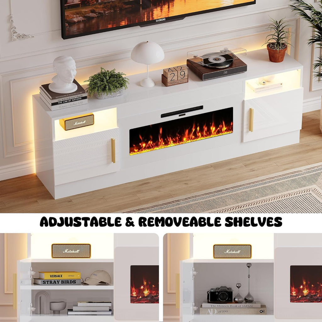 Fireplace TV Stand with 36'' Electric Fireplace, 70'' TV Media Entertainment Center with Fireplace Up to 80 inch,Modern LED TV Console with High Gloss Cabinet for Living Room