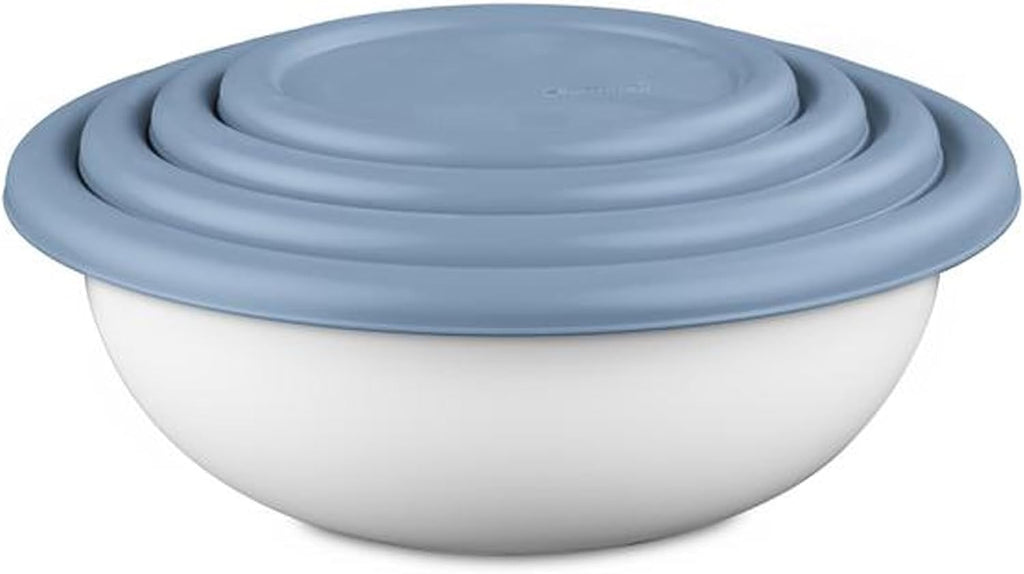 Sterilite Covered Bowl Set, Plastic Nesting Kitchen Mixing Bowls with Pour Spout, Meal Prep Food Storage Containers with Lids, Washed Blue (Set of 12)