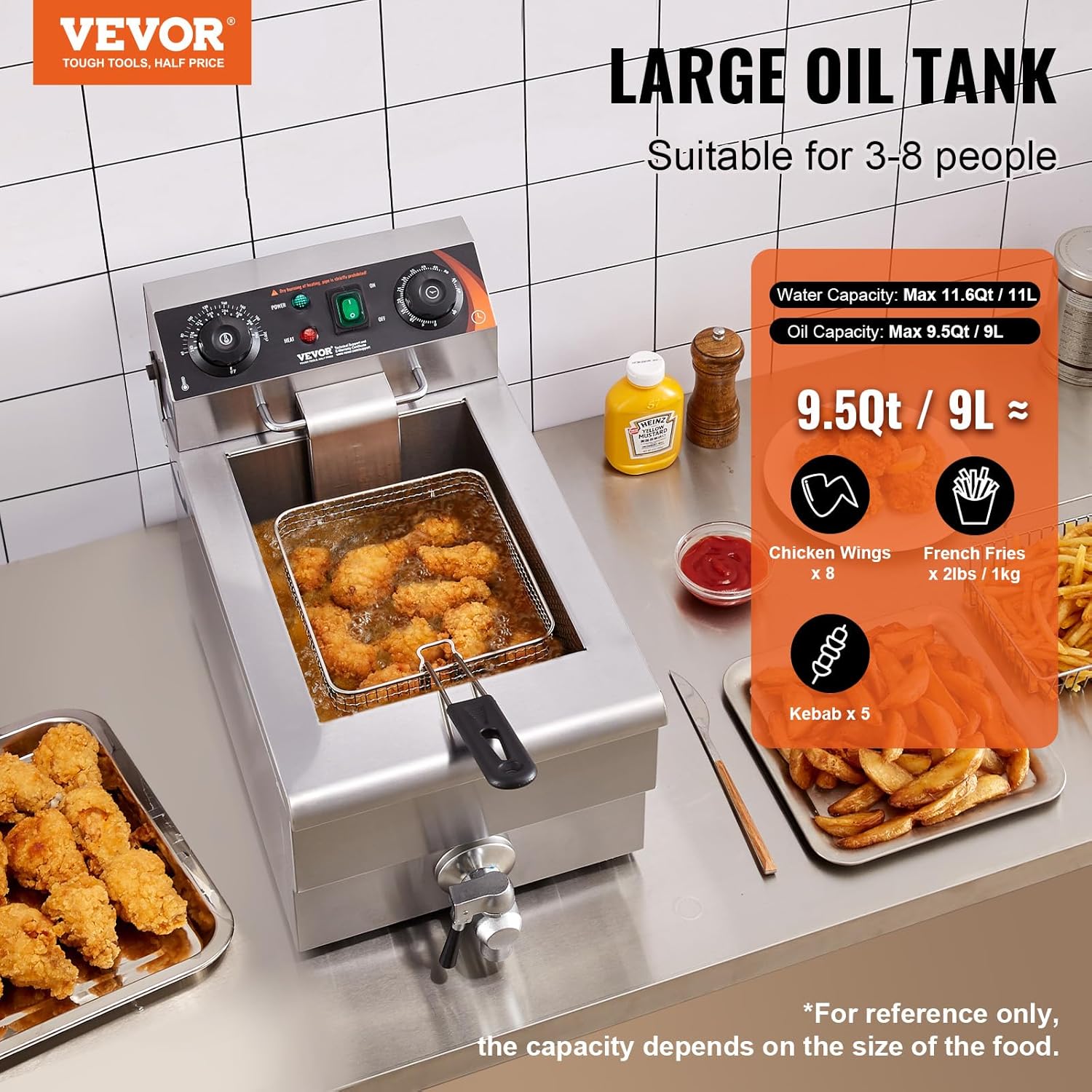VEVOR Commercial Deep Fryer, 1500W Electric Countertop Fryer with Basket, 11.6Qt / 11L Stainless Steel Single Oil Fryer with Time & Temp Control, Overheat Protection, for Kitchen Restaurant Use