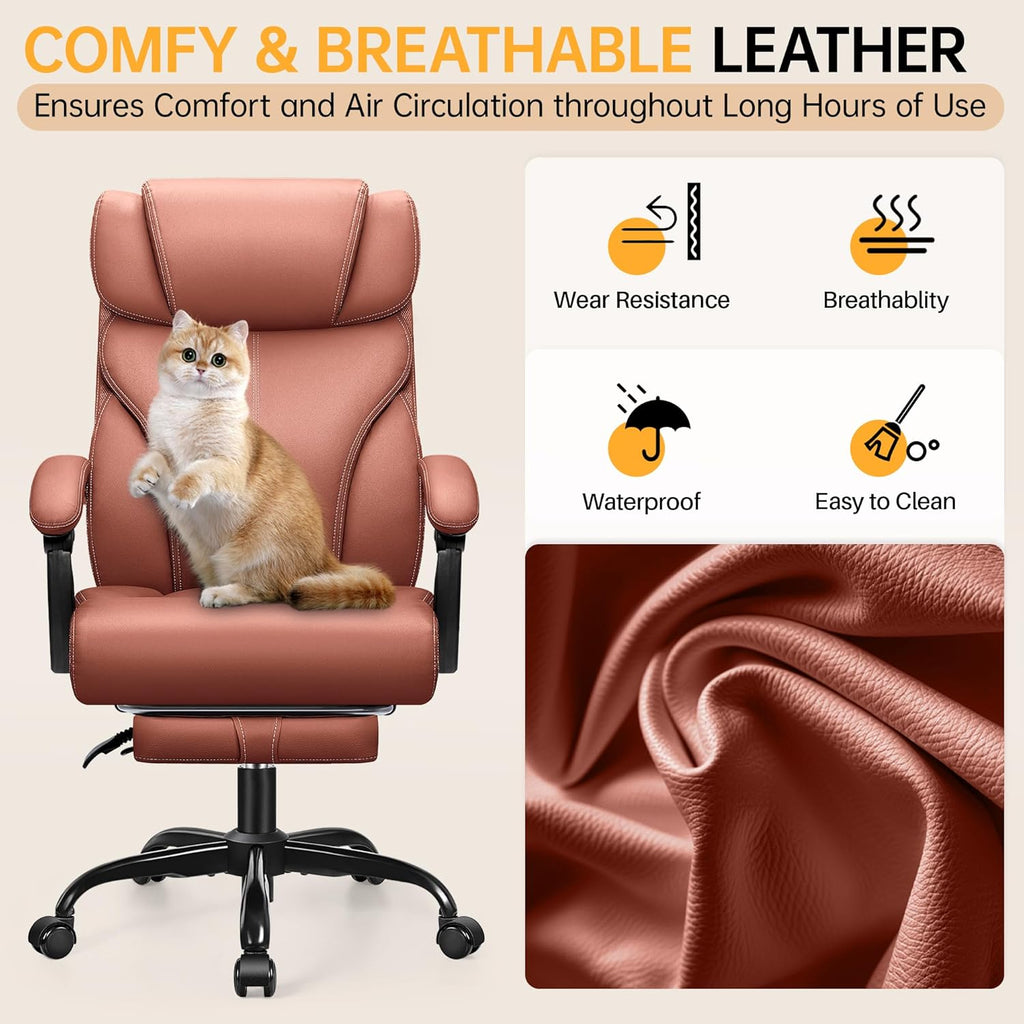 Office Chair, Executive Big and Tall Leather Desk Chairs with Footrest, Ergonomic Breathable Computer Chair with Adjustable High Back, Lumbar Support Swivel PC Chairs with Rocking Function