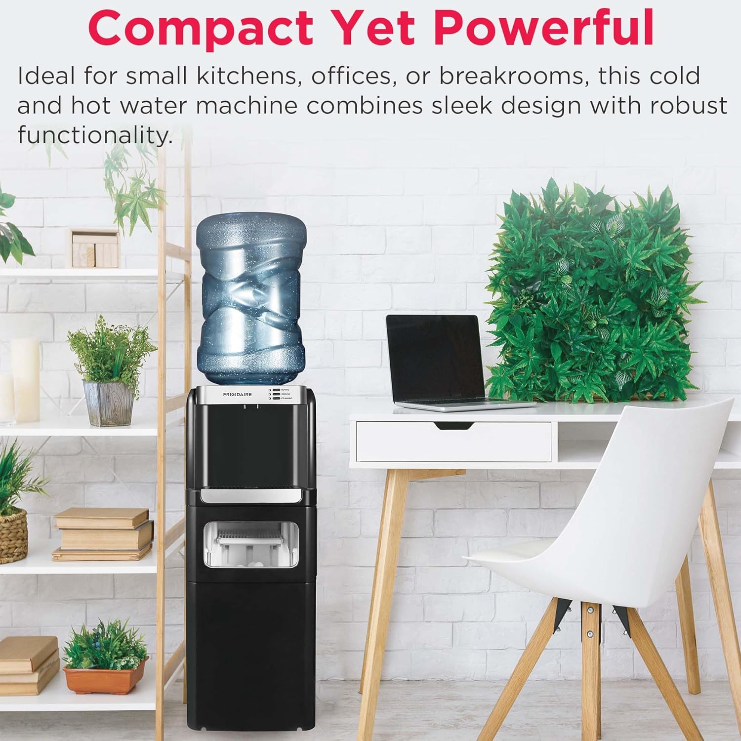 Frigidaire 3-in-1 Ice & Water Machine – Hot or Cold Top-Load Water Cooler Dispenser for 5 Gal Bottle – Built-in Bullet Ice Maker – Compact, Black
