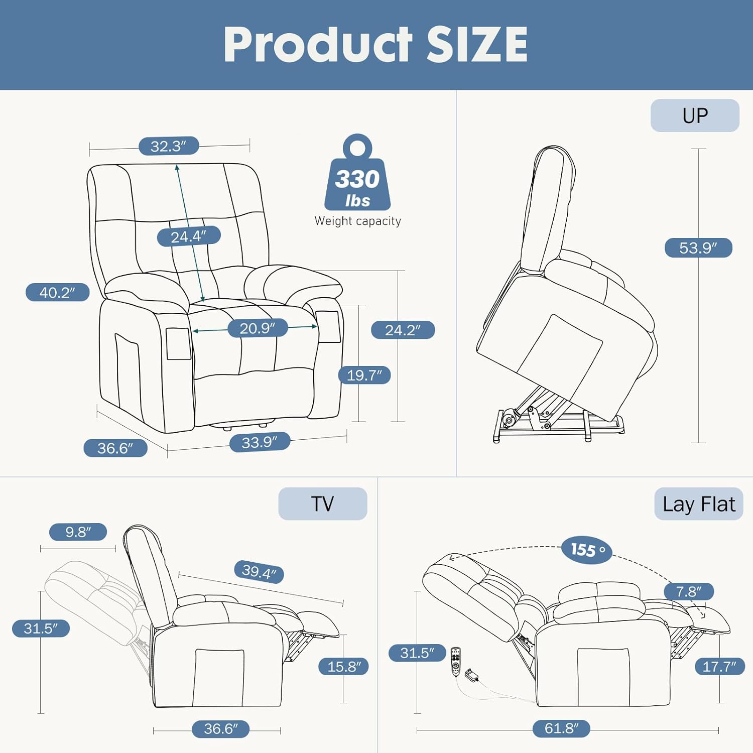 DUMOS Power Lift Recliner Chair with Vibration Massage and Heat for Elderly, Ergonomic Overstuffed Breathable Fabric Reclining Chair with 3 Pockets, Remote Control, Living Room, Bedroom, Grey